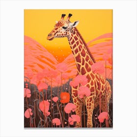 Giraffe With The Flowers Mustard Sky Canvas Print