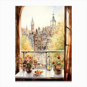 Window View Of Amsterdam Netherlands In Autumn Fall, Watercolour 3 Canvas Print