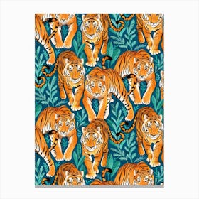 The Hunt Golden Orange Tigers On Teal Blue Canvas Print