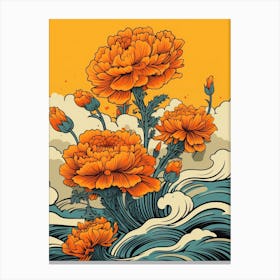 Great Wave With Marigold Flower Drawing In The Style Of Ukiyo E 2 Canvas Print