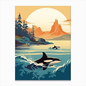 Two Orca Whales Swimming With The Sunrise Canvas Print