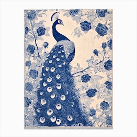Navy Linocut Inspired Peacock With The Roses 4 Canvas Print