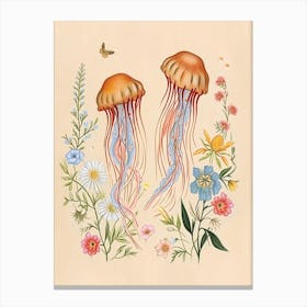 Folksy Floral Animal Drawing Jellyfish Canvas Print