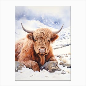 Watercolour Of Highland Cow Lying In The Snow Canvas Print