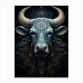 A Bull With Longhorns In A Night Sky With Stars Canvas Print