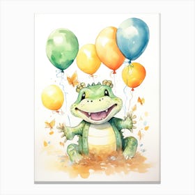 Crocodile Flying With Autumn Fall Pumpkins And Balloons Watercolour Nursery 4 Canvas Print