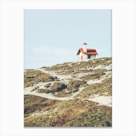 Dolomites, Italy I The little red roof chapel church overlooking the green mountains of the Tre Cime with a retro vintage analog film photography featuring a minimalist geometric design art composition Leinwandbild