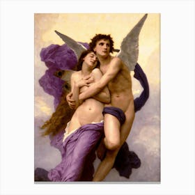 The Abduction of Psyche (1895) by William-Adolphe Bouguereau The Abduction of Psyche (1895) by French artist William-Adolphe Bouguereau (1895-1905) depicts the moment Psyche is gently swept away by Zephyr, the god of the west wind, as part of the myth of Cupid and Psyche. The painting is a serene and beautifully detailed portrayal of this mythical transition, emphasizing the delicate beauty of the figures. The work, rendered in soft pinks, purples and creams, captures the moment Psyche is taken to her new life, symbolizing the escape from earthly trials. It forms part of the academic-realism movement of the 19th century, often emphasizing classical techniques and idealized subjects from mythology. The original painting currently resides in a private collection. Canvas Print