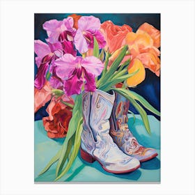 Oil Painting Of Pink And Red Flowers And Cowboy Boots, Oil Style 8 Canvas Print