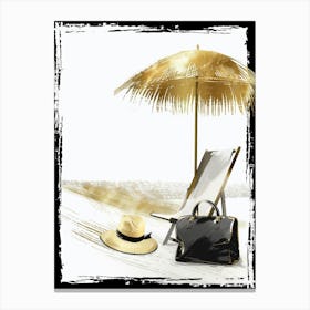 Hat, Umbrella And Bag On The Beach Canvas Print