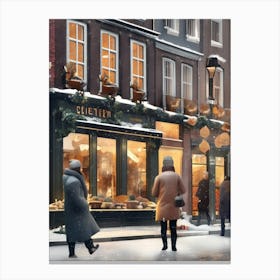 Amsterdam cafes, winter season, Christmas, autumn oil colors, pale colors, pedestrians in the street, winter clothes, falling snow.11 1 Canvas Print