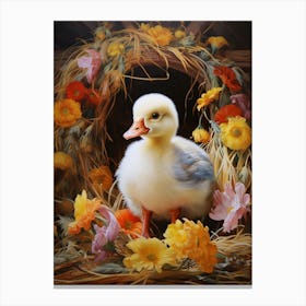 Duckling In Barn With Flowers & Hay 1 Canvas Print