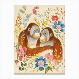 Folksy Floral Animal Drawing Orangutan Canvas Print