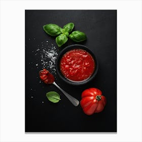 Tomato sauce & basil (Italian food) — Food kitchen poster/blackboard, photo art Canvas Print