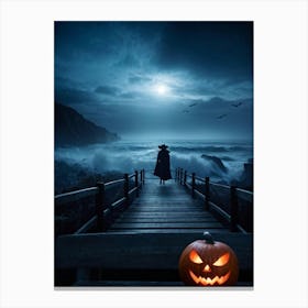 Halloween Themed Coastal Landscape During Dusk Featuring A Jack O Lantern With A Glowing Eye Perched (5) Canvas Print