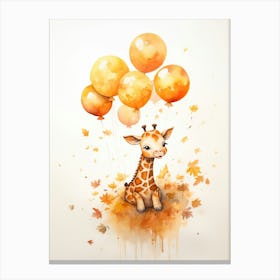 Giraffe Flying With Autumn Fall Pumpkins And Balloons Watercolour Nursery 1 Canvas Print