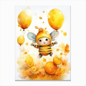 Bee Flying With Autumn Fall Pumpkins And Balloons Watercolour Nursery 3 Canvas Print