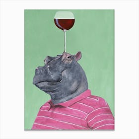 Hippo With Wineglass Green & Pink Canvas Print