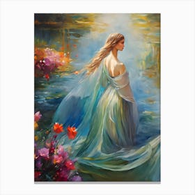 Maiden of the Lake - Young Priestess of Avalon or Gwenevier King Arthur Legend Lady of The Lake Pagan Oil Painting Witchy Blonde Flowers Blue Mythical Magical Canvas Print