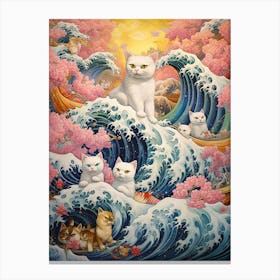 The Great Wave Off Kanagawa With Cats Kitsch Canvas Print
