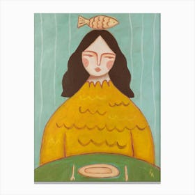 Girl and fish, Abstract woman, Fun art, Kitchen modern decor Canvas Print