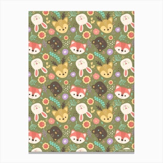 Cute Woodland Animals And Flowers Pattern Canvas Print