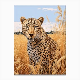 African Leopard In The Savannah Grasslands Painting 1 Canvas Print