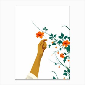 Hand Picking Orange Flowers, pinching flowers, flower portrait, hand and flowers, orange flowers, flowers and vines, digital art, Canvas Print