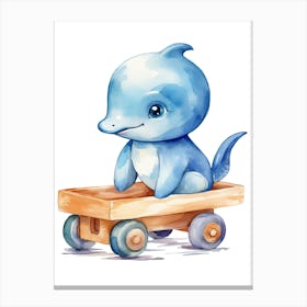 Baby Dolphin On Toy Car, Watercolour Nursery 0 Canvas Print
