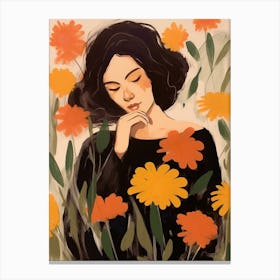 Woman With Autumnal Flowers Calendula 1 Canvas Print
