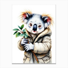 Koala Wearing A Puffer Jacket And Hugging A Eucalyptus Branch Canvas Print