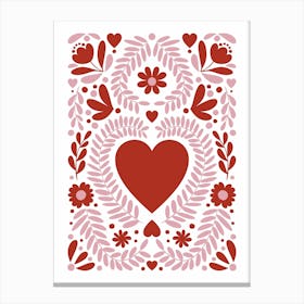 Folk Heart Red and Pink Canvas Print