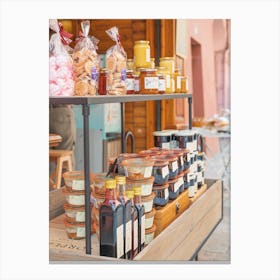 Local produce in a stall in Bourg St. Mortiz in France - summer pastel pink street and travel photography by Christa Stroo Photography Canvas Print