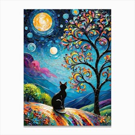 Soon the Eclipse! Beautiful Rainbow Mosiac of Whimsical Black Cat Watching the Sun and Moon Whimsy Kitty Art for Cat Lover, Cat Lady, Chakra Pride Pagan Witch Tarot Astrology Colorful HD Canvas Print