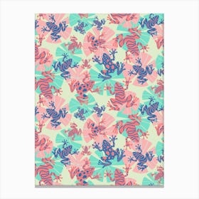 Playful Frogs On Overlapping Lily Pads In Tropical Pink And Teal Canvas Print