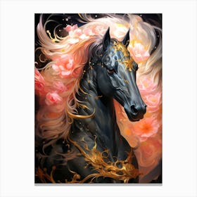 Black Horse With Flowers 2 Canvas Print