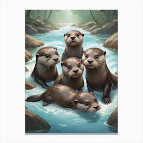 Otters In The River Playing Canvas Print