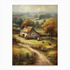 The old British countryside, a work of wall art dating back to 1960, with all its details and colours. The farm is an old oil painting in faded oil colours.1 Canvas Print