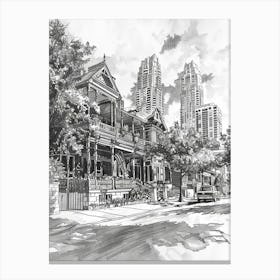 Rainey Street Historic District Austin Texas Black And White Drawing 2 Canvas Print