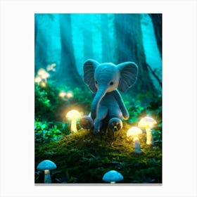 Turquoise Baby Elephant Seated Amidst Towering Luminescent Mushrooms Dappling Magical Light Circl Canvas Print