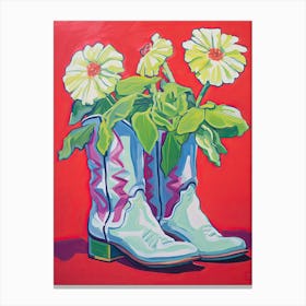 A Painting Of Cowboy Boots With Daisies Flowers, Fauvist Style, Still Life 3 Canvas Print