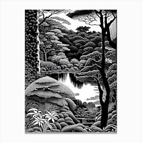 Portland Japanese Garden, Usa Linocut Black And White Vintage Canvas Print