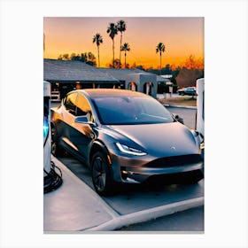 Tesla Model S Charging At Sunset Canvas Print