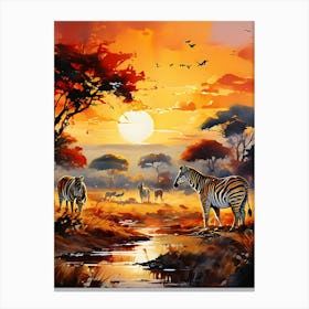 Zebras At Sunset Canvas Print