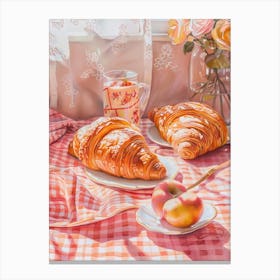 Pink Breakfast Food Bread, Croissants And Fruits 3 Canvas Print