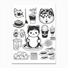 Cat And Sushi Black And White Line Art 2 Canvas Print