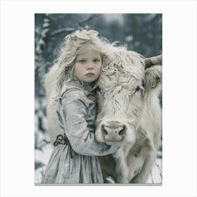 Little Girl Hugging A Cow Canvas Print