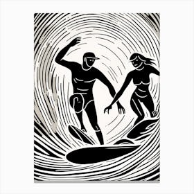 A Couple Surfing Linocut inspired Black And White Painting , surfing art, surf 196 Canvas Print