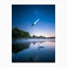 Swan Gliding Gracefully Over A Moonlit Mystical Lake Reflection Of Twinkling Stars On Waters Surf Canvas Print