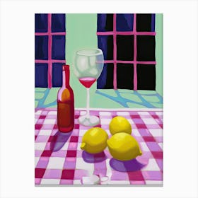 Lemons On Checkered Table, Magenta Tones, Frenchch Riviera In Matisse Style 0 Canvas Print